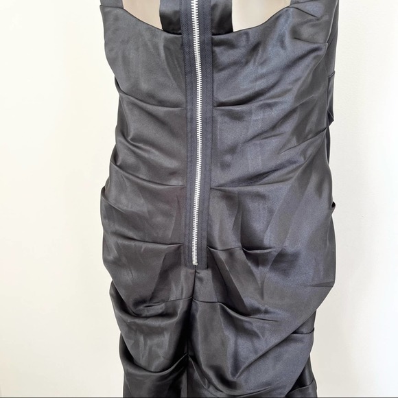 Hailey Adrianna Papell black satin dress zipper back cut out mini LBD ruched 7/8 - Picture 8 of 12